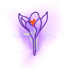 Spring violet crocus flower hand-drawn crafted art of imitation thread embroidery.. Hand-crafted art element for greeting card, invitation, flyer, poster, textile.