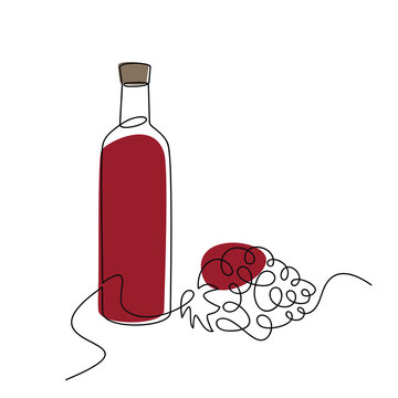 recommend clip art: Red wine bottle and grape bunch vector one line continuous drawing illustration. Hand drawn linear silhouette icon. Minimal design element for print, banner, card, wall art poster, brochure.