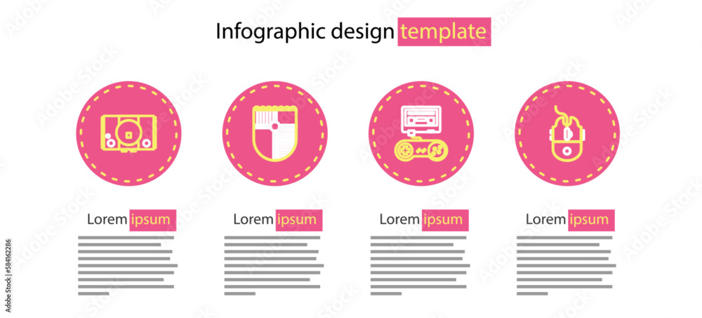 Poster set line game console with joystick, computer mouse gaming, shield for game and video icon. vector