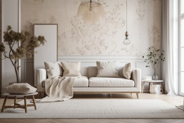 Beautiful white and beige living room with wallpaper, carpet, and fabric couch. Classic minimalism,. Generative AI