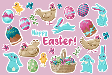 Set of stickers for the spring Easter holiday is isolated on pink. Collection of symbols with flowers, rabbits, eggs, floral elements, and flowers for decoration of cards, and posters. 