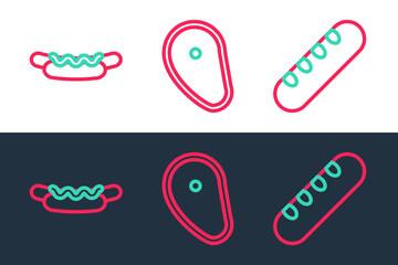 Set line French baguette bread, Hotdog sandwich and Steak meat icon. Vector
