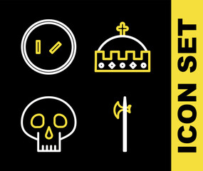 Set line King crown, Medieval halberd, Skull and Round wooden shield icon. Vector