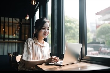 Fototapeta na wymiar Portait of Asian business woman smile with computer laptop. Generative AI