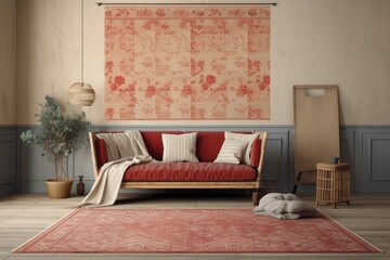 Red and beige farmhouse living room mockup. Parquet, rattan, couch, wallpaper. Vintage decor,. Generative AI