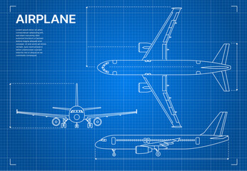 Outline plane aircraft blueprint or airplane design drawing, vector aviation industry. Plane jet blueprint plan with side and top view, aeroplane technical scheme in contour sketch line on blue print