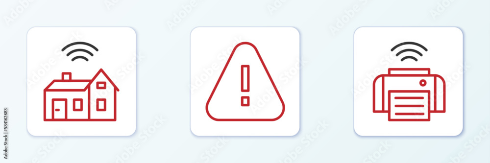 Aufkleber set line smart printer, home with wireless and exclamation mark triangle icon. vector