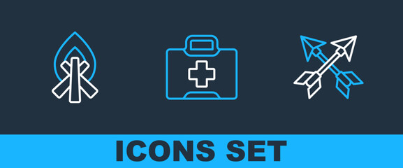 Set line Crossed arrows, Campfire and First aid kit icon. Vector