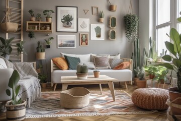 Bohemian living room with planted ficus and cactus in wicker baskets, soft grey plaid, and colorful cushions on white sofa. Houseplants, faux picture frame, and home décor on wall shelf. Generative AI