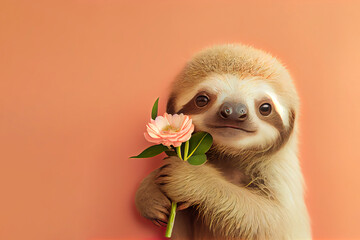 A small cute sloth animal holding a bouquet of fresh spring flowers for his girlfriend. Romantic abstract portrait. Illustration, Generative AI.