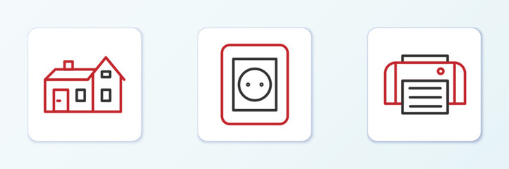 Set line Printer, House and Electrical outlet icon. Vector