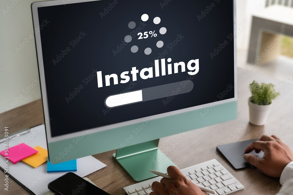 Poster man installing software update on mobile phone and laptop digital technology communication