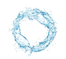 Fototapeta na wymiar Round water splash with blue drops. Vector realistic circle, wave or swirl of transparent liquid, fresh aqua or clear drink water with ripples, bubbles and droplets. 3d round flow or stream with drops