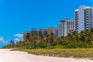 Grassy land behind the rope barrier from the white sand coast in Miami, Florida. There are modern multi-storey hotels and apartment buildings under the blue skies.