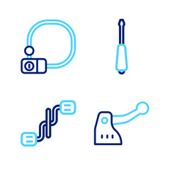 Set line Bicycle brake, pedals, Screwdriver and lock icon. Vector