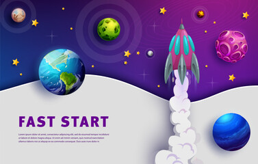 Space landing page, start up concept, galaxy planets and spaceship launch, vector business website template. Galaxy planets and rocket shuttle start up background for business web site or landing page