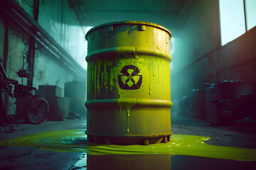 A vivid depiction of a hazardous material spill, with a luminescent yellow barrel marked with the biohazard symbol, set against the dim backdrop of an industrial warehouse