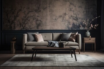 Beautiful dark and beige living room with wallpaper, carpet, and fabric couch. Classic Japanese interiors. Generative AI