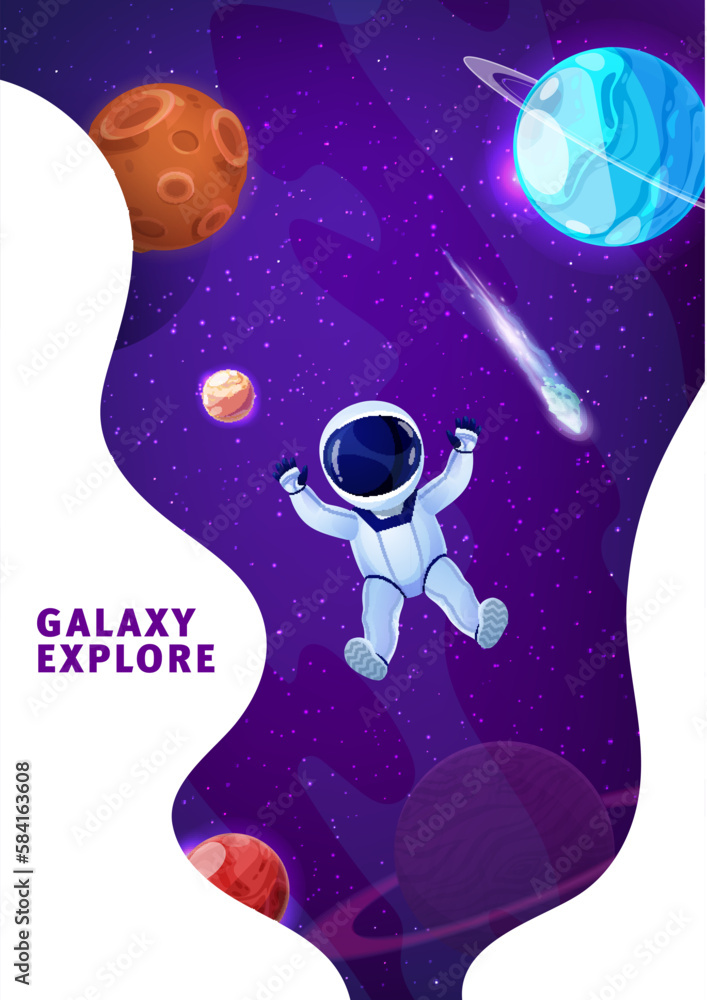 Poster Cartoon astronaut in outer space. Space landing page vector template of business launch or internet startup with fantasy galaxy planets, stars and spaceman. Astronomy web banner or landing page layout