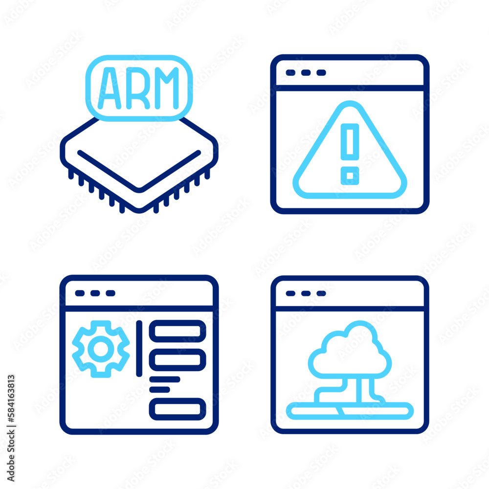Poster Set line Cloud technology data transfer, Browser setting, with exclamation mark and Processor icon. Vector