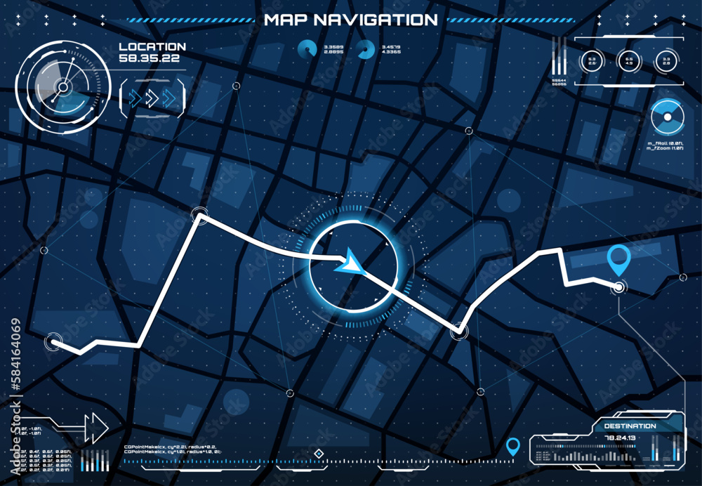 Poster HUD city map navigation interface screen, route, dashboard. Vector streets and roads plan with destination route and pin, location and distance data, futuristic town roadmap for navigate app ui or gui