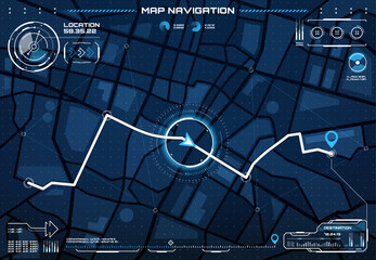 HUD city map navigation interface screen, route, dashboard. Vector streets and roads plan with destination route and pin, location and distance data, futuristic town roadmap for navigate app ui or gui