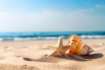 Fototapeta na wymiar beautiful sea shells on the seashore with room for a product or advertising text with copy space.