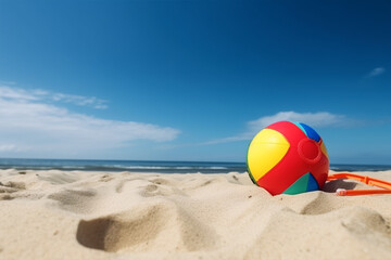 beach ball and snorkel on the sand, slue sky, Summer vacation concept with copy space.
