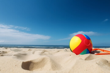 Obraz premium beach ball and snorkel on the sand, slue sky, Summer vacation concept with copy space.