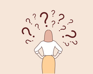 business person looking at the question marks. Hand drawn style vector design illustrations.