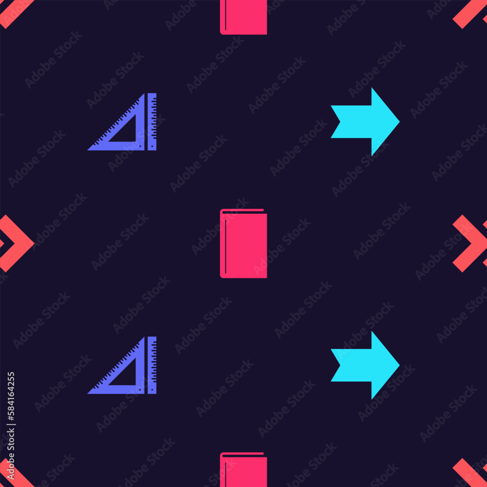 Poster set arrow, triangular ruler, book and on seamless pattern. vector