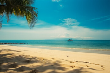 Fototapeta na wymiar White sand on the beach, ocean coast, palm, ocean and sand, rest on the sea with copy space.