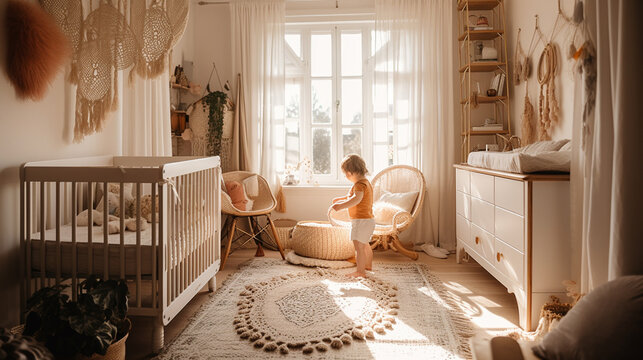 Natural Boho Chic Baby Nursery, Light Wood with Natural Lighting, Editorial Photography of a Calming Children's Bedroom - Generative AI