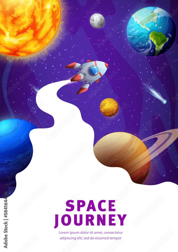 Poster space landing page, galaxy landscape with rocket, stars and planets. shuttle with white smoke frame 