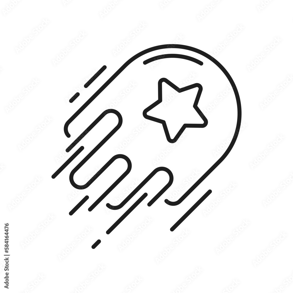Poster flaming spacecraft on start, speed spaceship, beginning of sale isolated thin line icon. vector star