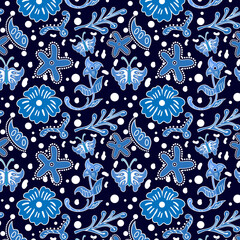 Indonesian batik Decorative floral seamless pattern, fashion background. dyeing applied to whole cloth, or cloth made using this technique originated from Indonesia.