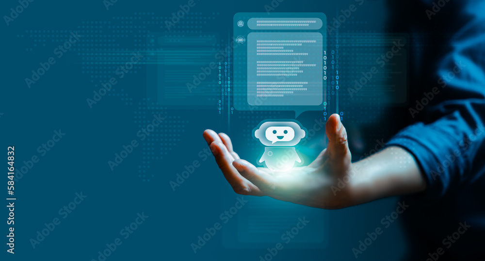 Poster digital chatbot is shown a virtual assistant on the internet, represents the potential of ai
