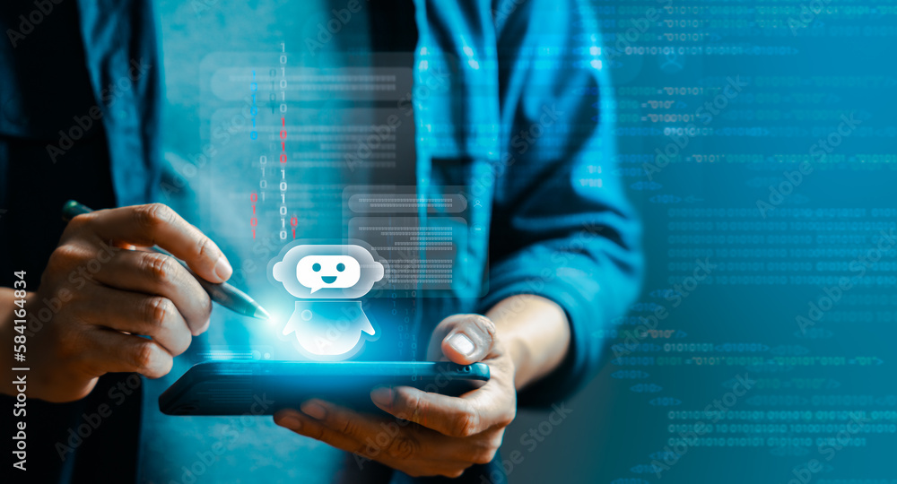 Aufkleber businessman engaging in a chat with an ai or artificial intelligence using advanced chatbot