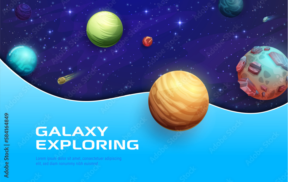 Poster space landing page with 3d galaxy planets, stars and starry universe, vector background. galaxy expl