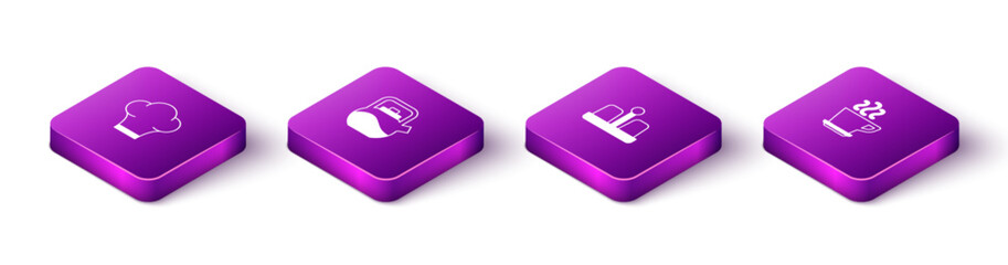 Set Isometric Chef hat, Kettle with handle, Salt pepper and Coffee cup icon. Vector