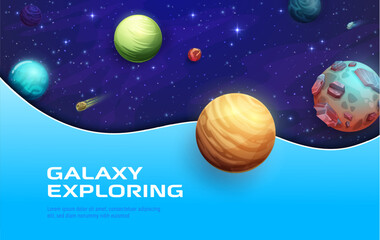 Space landing page with 3D galaxy planets, stars and starry universe, vector background. Galaxy exploring landing page or website template with cosmic fantasy world alien planet and meteorites