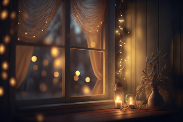 Christmas and New Year's holiday atmosphere evening night a warm inviting ambience general setting a window with a night view and some golden garlands on a wooden table with Generative AI technology