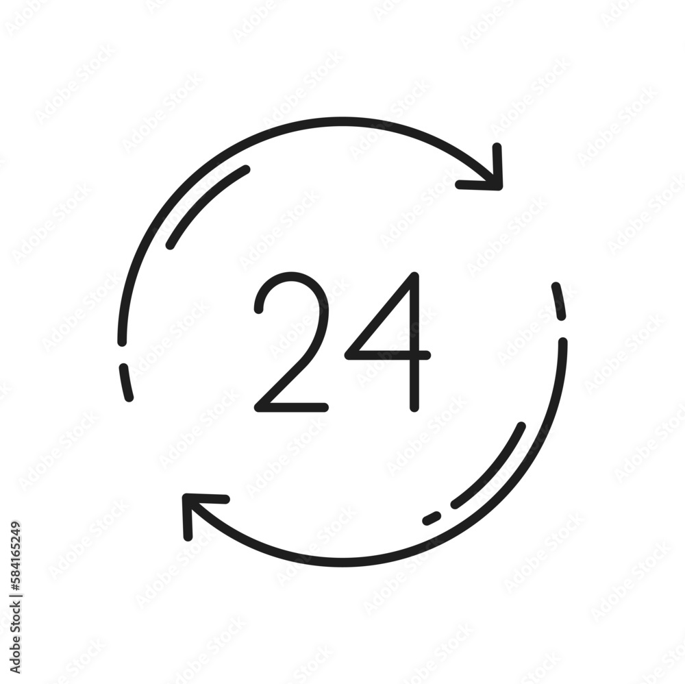Aufkleber 24 hours delivery and customer support service work time, 24 in 7 hrs. Vector order execution in 24 hour, round watch with arrow. All day working and shipping