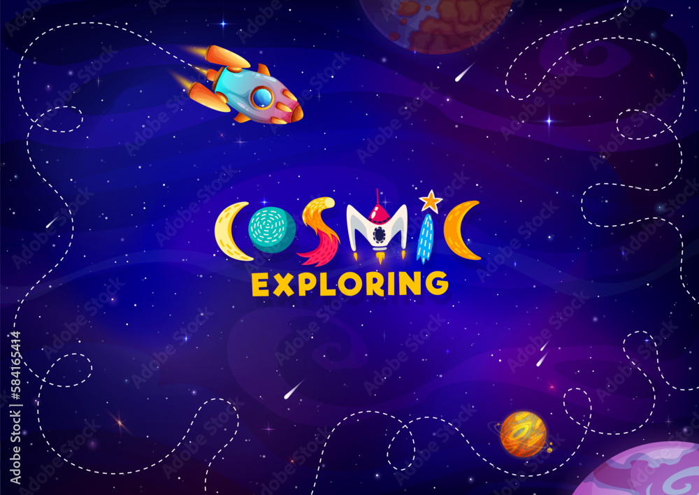 Poster cartoon starry space background, rocket and stars or galaxy planets, vector cosmic fantasy. spaceshi