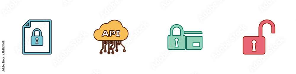Poster set document and lock, cloud api interface, credit card with and open padlock icon. vector