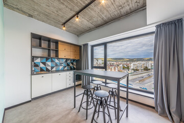Small modern kitchen in student dorm, hotel, hostel, motel. Campus