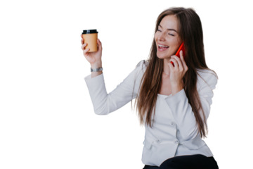 Luxury American businesswoman with loose blonde hair in white suit talks by phone celebrates win, rising up cup of coffee. Laughing Italian model making call. transparent background