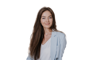 Portrait of gorgeous blonde Caucasian young woman in light blue jacket looking at camera confidently over transparent background with empty space. Mockup, beautiful successful people. Candid female