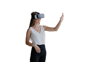 Young fit caucasian woman in white blouse, black pants using vr googles against transparent background, playing game. Pretty Italian student girl educates by virtual reality headset. Remote education