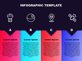 Set line Box flying on parachute, Planet, Alien and Satellite. Business infographic template. Vector